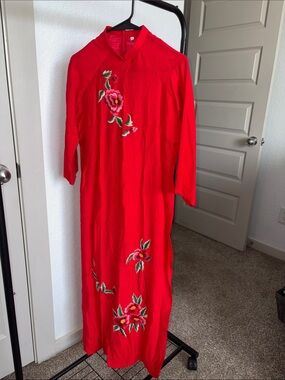 Embroidered Red Vietnamese Ao Dai with Floral Accents
